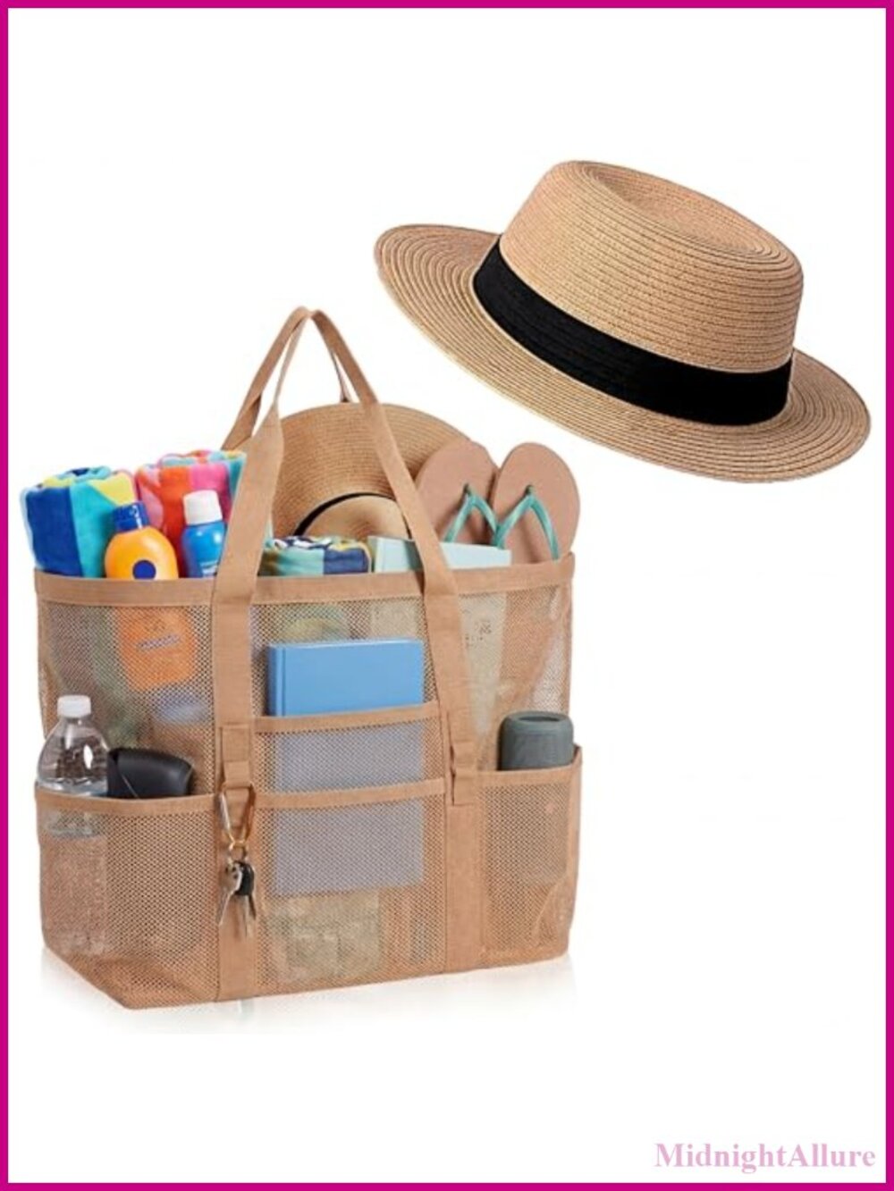 Women's Foldable UPF 80+ Straw Sun Hat & Mesh Beach Tote Bag Set Travel